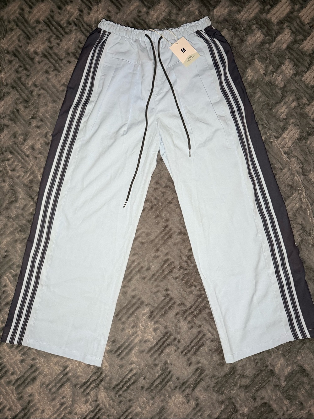 Women’s Light Blue Wide Leg Drawstring Track Pants with Navy Side Stripes